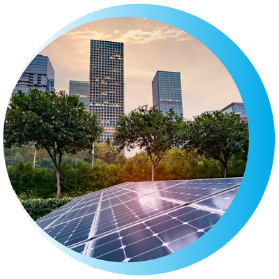 modern city skyline with solar panels and trees at sunset providing renewable energy options for two unique environments